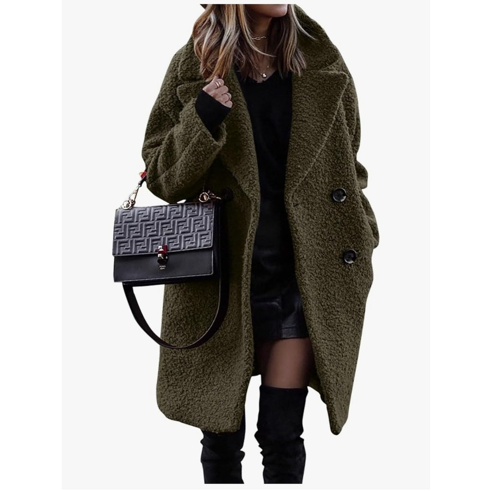 Olive Green Teddy Wrap Coat - Women’s Plush Winter Jacket
